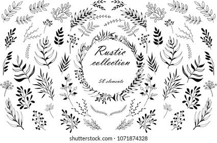 Hand sketched vector vintage elements (laurels, frames, leaves, flowers, swirls and feathers). Wild and free. Perfect for invitations, greeting cards, quotes, blogs, wedding frames, posters, etc