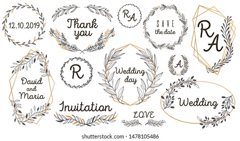 Hand sketched vector vintage elements: wreath,leaves, frame. Perfect for invitations, greeting cards, quotes, blogs Wedding Frames posters Big set.Hand draw.