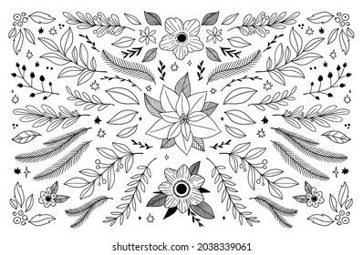 Hand sketched vector vintage elements (christmas elements, leaves, flowers, berries). Linear illustrations for your brand. Perfect for logos, invitations, greeting cards, quotes, blogs, wedding frames