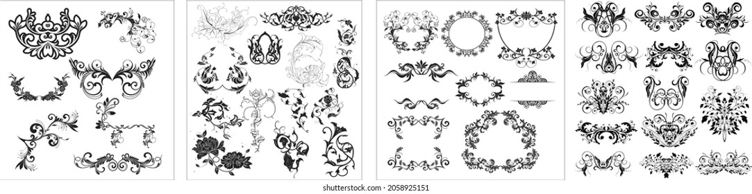 Hand sketched vector vintage elements. Hand sketched vector floral elements leaves, flowers, swirls, Hand sketched vector floral elements leaves,