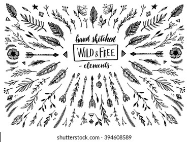 Hand sketched vector vintage elements ( laurels, frames, leaves, flowers, swirls, feathers). Wild and free. Perfect for invitations, greeting cards, quotes, blogs, posters etc.