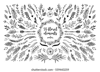 Hand sketched vector vintage elements ( laurels, leaves, flowers, swirls and feathers). Wild and free. Perfect for invitations, greeting cards, quotes, blogs, Wedding Frames, posters  - Shutterstock ID 559443259