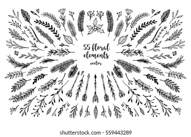 Hand sketched vector vintage elements ( laurels, leaves, flowers, swirls and feathers). Wild and free. Perfect for invitations, greeting cards, quotes, blogs, Wedding Frames, posters and more