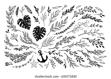 Hand sketched vector vintage elements ( laurels, frames, leaves, flowers, swirls, branches). Wild and free. Summer collection. Perfect for invitations, greeting cards, posters, prints etc