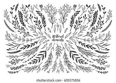 Hand sketched vector vintage elements ( laurels, frames, leaves, flowers, swirls, branches). Wild and free. Summer collection. Perfect for invitations, greeting cards, posters, prints etc