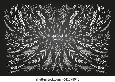Hand sketched vector vintage elements ( laurels, frames, leaves, flowers, swirls, branches). Chalkboard background. Summer collection. Perfect for invitations, greeting cards, posters, prints 