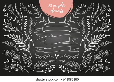 Hand sketched vector vintage elements ( laurels, frames, leaves, flowers, swirls, branches). Chalkboard background. Summer collection. Perfect for invitations, greeting cards, posters, prints 
