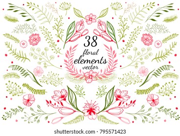 Hand sketched vector vintage elements (leaves, flowers, curls). Perfect for invitations, greeting cards, quotes, blogs, Wedding frames, posters