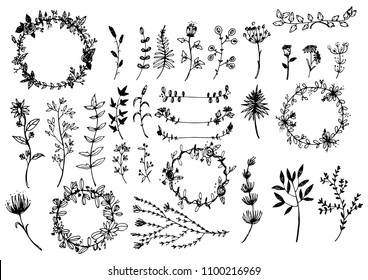 Hand sketched vector vintage elements.Wild and free. Perfect for invitations, greeting cards, quotes, blogs, Wedding Frames, posters.silhouette of elements
