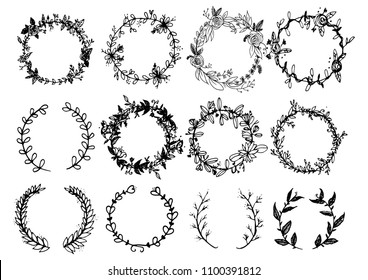 Hand sketched vector vintage elements.Wild and free. Perfect for invitations, greeting cards, quotes, blogs, Wedding Frames, posters.silhouette of elements