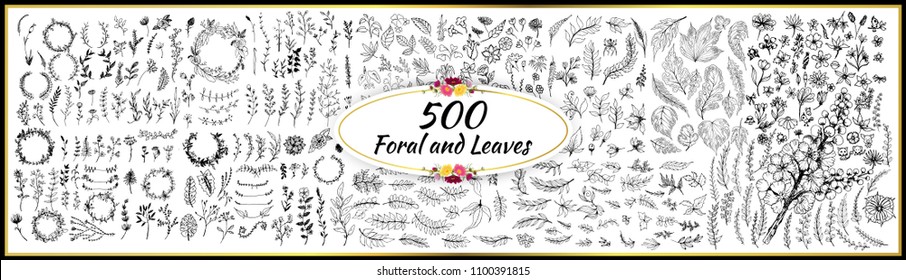 Hand sketched vector vintage elements.Wild and free. Perfect for invitations, greeting cards, quotes, blogs, Wedding Frames, posters.silhouette of elements