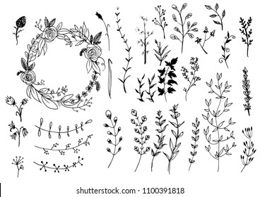 Hand sketched vector vintage elements.Wild and free. Perfect for invitations, greeting cards, quotes, blogs, Wedding Frames, posters.silhouette of elements