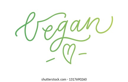 Hand sketched "Vegan" lettering typography.Hand drawn lettering frase Time For Vegan isolated on white background with green doodle heart. Vector calligraphy for posters, web, cards, decor, t shirts.