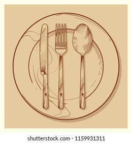 Hand sketched vintage cutlery and plate for restaurant menu design vector illustration