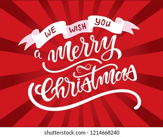 Hand sketched We wish you a Merry Christmas typography lettering poster. Celebration quote for postcard, icon, logo, badge. Winter celebration vector calligraphy text on red background with rays.