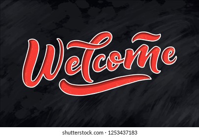 Hand sketched - Welcome, 3D lettering typography. Drawn art sign. Motivational text. Greetings for logotype, badge, icon, card, postcard, logo banner tag Celebration vector illustration