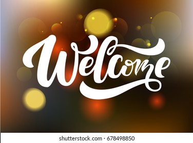 Hand sketched "Welcome" lettering typography. Drawn art sign. Motivational text. Greetings for logotype, badge, icon, card, postcard, logo, banner, tag. Celebration vector illustration EPS 10