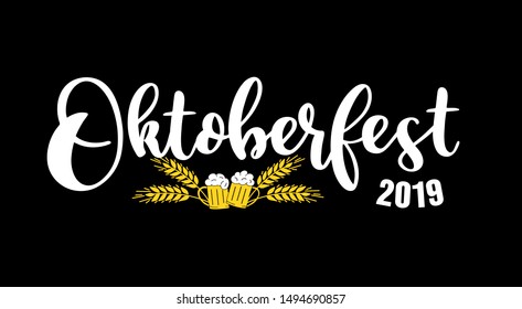 Hand sketched Welcome to Oktoberfest 2019 phrase as header with beer mugs, Logo on black background. Vector illustration of Bavarian beer festival. Drawn Wiesn lettering for poster, banner, logotype