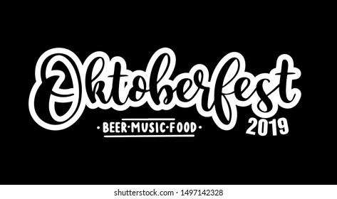 Hand sketched Welcome to Oktoberfest 2019 quote as header, on black background. Vector illustration of Bavarian beer festival. Drawn Wiesn lettering for poster, banner, logo.
