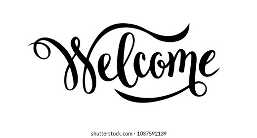 Hand sketched Welcome text as logotype, badge and icon, card, invitation, poster, banner template. Lettering typography. 