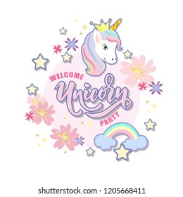 Hand sketched Welcome Unicorn Party text on textured background. Lettering typography. Great for logo, badge, greeting, card, stick cake topper, party, baby birthday, banner, invitation template. 