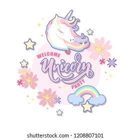 Hand sketched Welcome Unicorn Party text on textured background. Lettering typography. Great for logo, badge, greeting, card, stick cake topper, party, baby birthday, banner, invitation template. 
