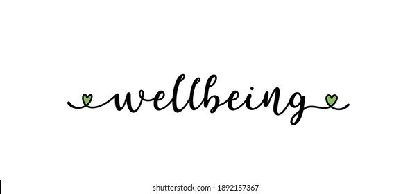 Hand sketched WELLBEING word as banner. Lettering for  flyer, header, card, advertisement, announcement.	