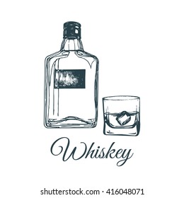 Hand sketched whiskey bottle and glass. Vector illustration of scotch set. Vintage alcoholic drink menu design concept for bar, restaurant etc.