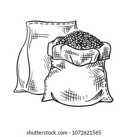 Hand sketched whole bag of wheat flour and grains isolated on white background. Vector illustration