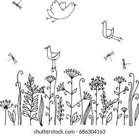 hand sketched wild flowers and grass with birds