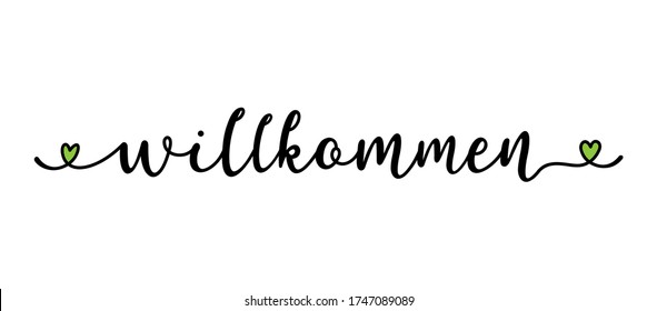 Hand sketched Wilkommen quote in German. Translated Welcome. Lettering for banner, poster, flyer, header, card, advertisement, announcement.	