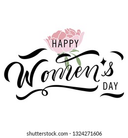 Hand sketched "Womens Day" lettering typography with colored peony flower. Greetings for logotype, badge, icon, card, postcard, logo, banner, tag. Celebration vector illustration EPS 10