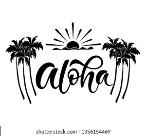 Hand sketched word Aloha with palms and sun. Vector banner design. Warm season lettering typography for postcard, card, invitation, t-shirt print. Hawaiian welcome card. Logo, badge, icon, banner.