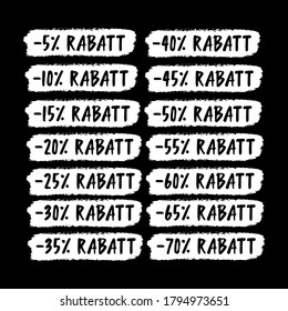 Handskizziertes Wort RABATT auf Deutsch. Übersetzter Rabatt. Händisch gezeichnete Verkaufstitel mit 5 % Rabatt, 10, 20, 30, 40, 50, 60, 70 % Kennzeichnung