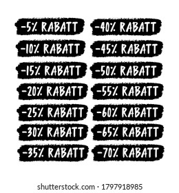 Handskizziertes Wort RABATT auf Deutsch. Übersetzter Rabatt. Händisch gezeichnete Verkaufstitel mit 5 % Rabatt, 10, 20, 30, 40, 50, 60, 70 % Kennzeichnung