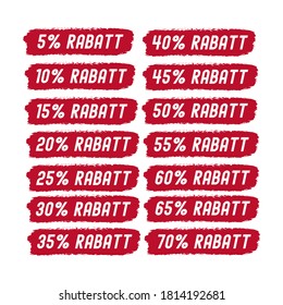 Handskizziertes Wort RABATT auf Deutsch. Übersetzter Rabatt. Händisch gezeichnete Verkaufstiefel mit 5 Abschlägen, 10, 20, 30, 40, 50, 60, 70 %