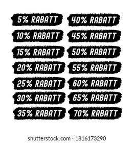Handskizziertes Wort RABATT auf Deutsch. Übersetzter Rabatt. Händisch gezeichnete Verkaufstiefel mit 5 Abschlägen, 10, 20, 30, 40, 50, 60, 70 %