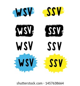 Hand sketched "WSV SSV, Winter Sommer Schlussverkauf", translated from German winter summer final sale. Tag, sticker, label, bubble. Ink brush stroke, line or texture.