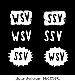 Hand sketched "WSV SSV, Winter Sommer Schlussverkauf", translated from German winter summer final sale. Tag, sticker, label, bubble. Ink brush stroke, line or texture.