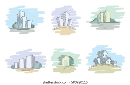 Hand sketches with pen and marker of city and buildings.