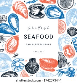 Hand sketches seafood frame design. Vector fresh fish, oyster, mussel, shrimps and caviar sketches. Hand drawing. Vintage flyer with restaurant delicacy food illustrations. Shellfish menu template.