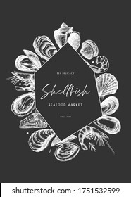 Hand sketches seafood frame design on chalkboard. Vector fish, oyster, mussel, shrimps and caviar sketches. Hand drawing. Vintage flyer with restaurant delicacy food illustrations. Shellfish menu.