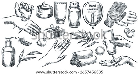 Hand skin care design elements for beauty, skincare product, wellness, spa. Vector sketch illustration of elegant female hands with cosmetic, soap and gloves