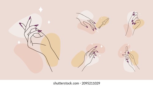 Hand skin care. Manicure, massage and paraffin therapy. Vector Illustration of elegant female hands in a trendy minimalist style. Beauty logo for nail studio or spa salon.