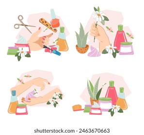 Hand skin care and manicure procedure banners set. Design for nail salons and hand cosmetics, manicure procedures emblem, flat vector illustration isolated on white background.