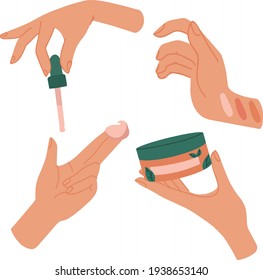 Hand skin care. Natural eco cosmetic products, cream, oil. Female hand holding beauty product. Organic cosmetics. Skin care routine. Hands gestures icon set for beauty salon. Cleansing, moisturizing