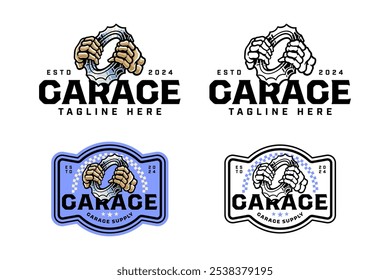 Hand Totenkopf-Halterung Zahnkranz Motor bunte Logo Design-Set für Garage, Motorrad-Club Knochen Hand-Halterung Zahnrad, gezackt, gezahnte Illustration Umrissschild Logo-Vorlage für Rennsport 