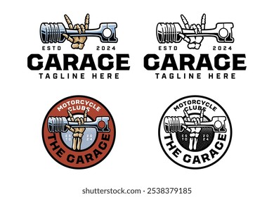 Handschädel, der den Kolbenmotor hält, buntes Logo-Design-Set für Garage, Automobil, Motorradclub, Knochen, Hand, die den Zylinder hält, gekreuzte Illustration Umrissschild Logo-Vorlage für Rennsport 