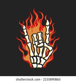 Hand skull metal symbol with fire vector illustration