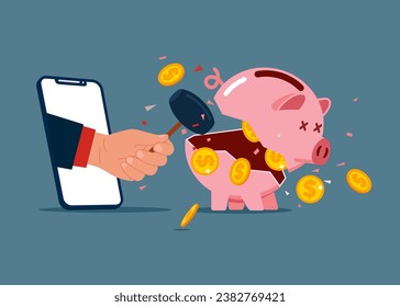 Hand with sledgehammer stepping out of the mobile phone screen holding and break pink piggy bank to find money. Crisis management. Vector illustration. 